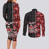Canada Indigenous Peoples' Day Couples Matching Long Sleeve Bodycon Dress and Long Sleeve Button Shirt Canadian Raven Haida Pattern