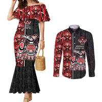 Canada Indigenous Peoples' Day Couples Matching Mermaid Dress and Long Sleeve Button Shirt Canadian Raven Haida Pattern