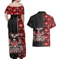 Canada Indigenous Peoples' Day Couples Matching Off Shoulder Maxi Dress and Hawaiian Shirt Canadian Raven Haida Pattern