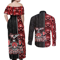 Canada Indigenous Peoples' Day Couples Matching Off Shoulder Maxi Dress and Long Sleeve Button Shirt Canadian Raven Haida Pattern