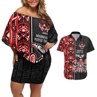 Canada Indigenous Peoples' Day Couples Matching Off Shoulder Short Dress and Hawaiian Shirt Canadian Raven Haida Pattern
