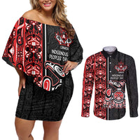 Canada Indigenous Peoples' Day Couples Matching Off Shoulder Short Dress and Long Sleeve Button Shirt Canadian Raven Haida Pattern