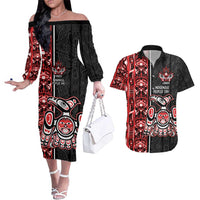 Canada Indigenous Peoples' Day Couples Matching Off The Shoulder Long Sleeve Dress and Hawaiian Shirt Canadian Raven Haida Pattern