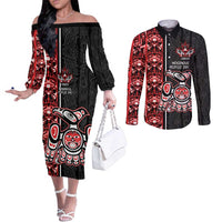 Canada Indigenous Peoples' Day Couples Matching Off The Shoulder Long Sleeve Dress and Long Sleeve Button Shirt Canadian Raven Haida Pattern