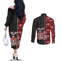 Canada Indigenous Peoples' Day Couples Matching Off The Shoulder Long Sleeve Dress and Long Sleeve Button Shirt Canadian Raven Haida Pattern