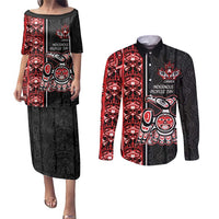 Canada Indigenous Peoples' Day Couples Matching Puletasi and Long Sleeve Button Shirt Canadian Raven Haida Pattern