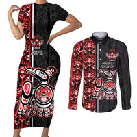 Canada Indigenous Peoples' Day Couples Matching Short Sleeve Bodycon Dress and Long Sleeve Button Shirt Canadian Raven Haida Pattern