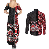 Canada Indigenous Peoples' Day Couples Matching Summer Maxi Dress and Long Sleeve Button Shirt Canadian Raven Haida Pattern