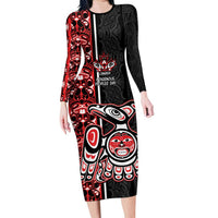 Canada Indigenous Peoples' Day Long Sleeve Bodycon Dress Canadian Raven Haida Pattern