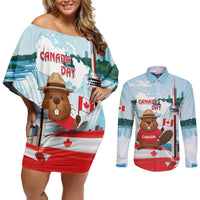 Canada Day Couples Matching Off Shoulder Short Dress and Long Sleeve Button Shirt Cute Beaver With Flag