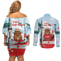 Canada Day Couples Matching Off Shoulder Short Dress and Long Sleeve Button Shirt Cute Beaver With Flag