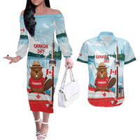 Canada Day Couples Matching Off The Shoulder Long Sleeve Dress and Hawaiian Shirt Cute Beaver With Flag
