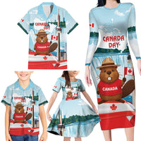Canada Day Family Matching Long Sleeve Bodycon Dress and Hawaiian Shirt Cute Beaver With Flag