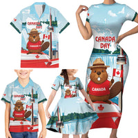 Canada Day Family Matching Short Sleeve Bodycon Dress and Hawaiian Shirt Cute Beaver With Flag