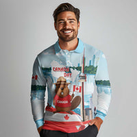 Canada Day Long Sleeve Polo Shirt Cute Beaver With Flag