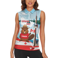 Canada Day Women Sleeveless Polo Shirt Cute Beaver With Flag