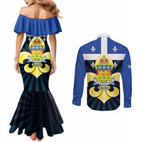 Quebec Canada Province Couples Matching Mermaid Dress and Long Sleeve Button Shirt Fleur De Lis Coat Of Arms