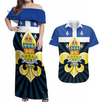 Quebec Canada Province Couples Matching Off Shoulder Maxi Dress and Hawaiian Shirt Fleur De Lis Coat Of Arms