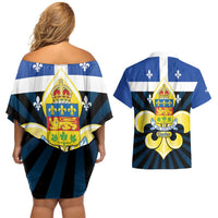 Quebec Canada Province Couples Matching Off Shoulder Short Dress and Hawaiian Shirt Fleur De Lis Coat Of Arms