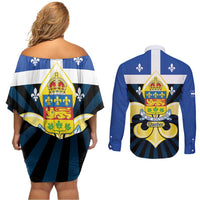 Quebec Canada Province Couples Matching Off Shoulder Short Dress and Long Sleeve Button Shirt Fleur De Lis Coat Of Arms