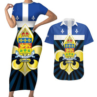 Quebec Canada Province Couples Matching Short Sleeve Bodycon Dress and Hawaiian Shirt Fleur De Lis Coat Of Arms