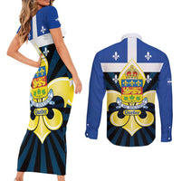 Quebec Canada Province Couples Matching Short Sleeve Bodycon Dress and Long Sleeve Button Shirt Fleur De Lis Coat Of Arms
