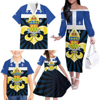 Quebec Canada Province Family Matching Off The Shoulder Long Sleeve Dress and Hawaiian Shirt Fleur De Lis Coat Of Arms