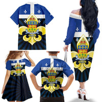 Quebec Canada Province Family Matching Off The Shoulder Long Sleeve Dress and Hawaiian Shirt Fleur De Lis Coat Of Arms