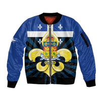 Quebec Canada Province Sleeve Zip Bomber Jacket Fleur De Lis Coat Of Arms