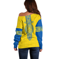 Personalised Ukraine Off Shoulder Sweater Gold Trident Folk Pattern - Wonder Print Shop