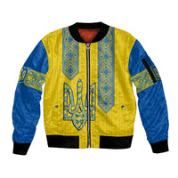 Personalised Ukraine Sleeve Zip Bomber Jacket Gold Trident Folk Pattern - Wonder Print Shop