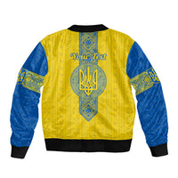 Personalised Ukraine Sleeve Zip Bomber Jacket Gold Trident Folk Pattern - Wonder Print Shop
