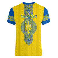 Personalised Ukraine Women V Neck T Shirt Gold Trident Folk Pattern - Wonder Print Shop