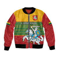 Personalised Lithuania Bomber Jacket Lithuanian Coat Of Arms Mix Folk Pattern - Wonder Print Shop