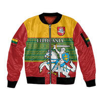 Personalised Lithuania Sleeve Zip Bomber Jacket Lithuanian Coat Of Arms Mix Folk Pattern - Wonder Print Shop