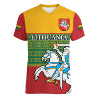 Personalised Lithuania Women V Neck T Shirt Lithuanian Coat Of Arms Mix Folk Pattern - Wonder Print Shop