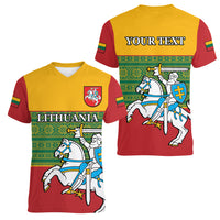 Personalised Lithuania Women V Neck T Shirt Lithuanian Coat Of Arms Mix Folk Pattern - Wonder Print Shop