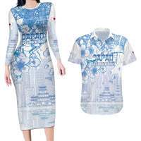 Custom Japan Football Couples Matching Long Sleeve Bodycon Dress and Hawaiian Shirt Go Samurai Blue Sakura Tokyo Style