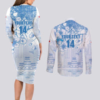 Custom Japan Football Couples Matching Long Sleeve Bodycon Dress and Long Sleeve Button Shirt Go Samurai Blue Sakura Tokyo Style