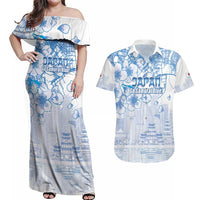 Custom Japan Football Couples Matching Off Shoulder Maxi Dress and Hawaiian Shirt Go Samurai Blue Sakura Tokyo Style