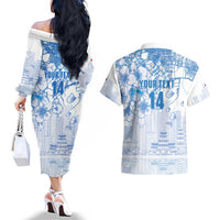 Custom Japan Football Couples Matching Off The Shoulder Long Sleeve Dress and Hawaiian Shirt Go Samurai Blue Sakura Tokyo Style