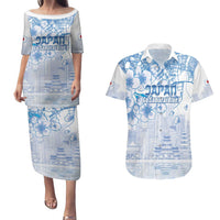 Custom Japan Football Couples Matching Puletasi and Hawaiian Shirt Go Samurai Blue Sakura Tokyo Style