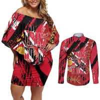 Trini To De Bone Couples Matching Off Shoulder Short Dress and Long Sleeve Button Shirt Proud To Be Trinidad and Tobago - Wonder Print Shop