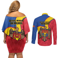 Moldova Independence Day Couples Matching Off Shoulder Short Dress and Long Sleeve Button Shirt August 27 One People One Nation - Wonder Print Shop