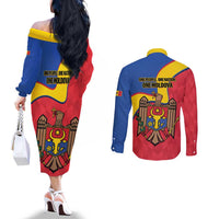 Moldova Independence Day Couples Matching Off The Shoulder Long Sleeve Dress and Long Sleeve Button Shirt August 27 One People One Nation - Wonder Print Shop