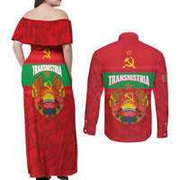 Transnistria Independence Day Couples Matching Off Shoulder Maxi Dress and Long Sleeve Button Shirt Coat Of Arms Flag Style - Wonder Print Shop