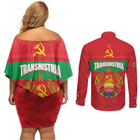 Transnistria Independence Day Couples Matching Off Shoulder Short Dress and Long Sleeve Button Shirt Coat Of Arms Flag Style - Wonder Print Shop