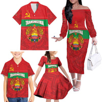 Transnistria Independence Day Family Matching Off The Shoulder Long Sleeve Dress and Hawaiian Shirt Coat Of Arms Flag Style - Wonder Print Shop