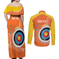 Personalised Bhutan Archery Couples Matching Off Shoulder Maxi Dress and Long Sleeve Button Shirt Board Style Flag Color - Wonder Print Shop