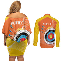 Personalised Bhutan Archery Couples Matching Off Shoulder Short Dress and Long Sleeve Button Shirt Board Style Flag Color - Wonder Print Shop
